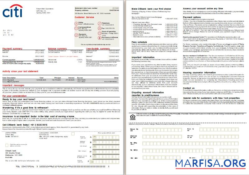 Realistic Australia Citibank bank mortgage statement, 2 pages, 1 2 scr download for verification